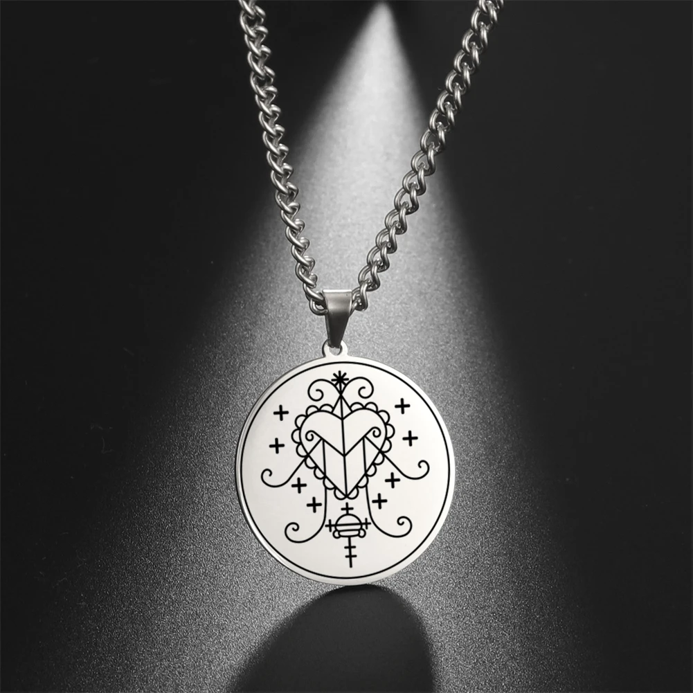 Hot Sale Custom Laser Engraving Stainless Steel Voodoo Veve Amulet Necklace Haiti Talisman Hoodoo Necklace