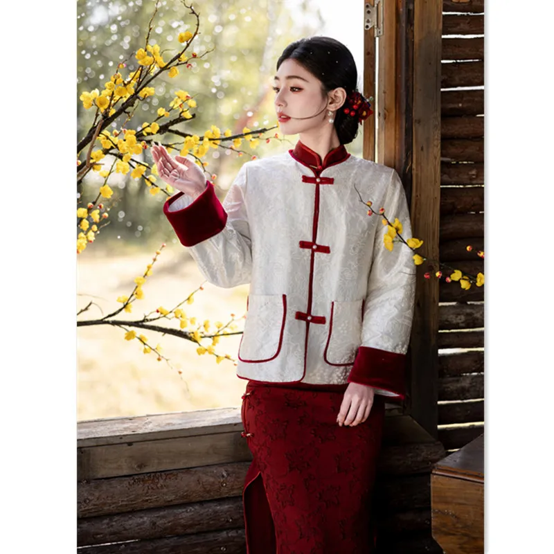 

2025 Autumn Winter New Chesongam Women Elegant Qipao White Long Sleeve Tang Clothes Jacket Hanfu Dress Wedding Banquet Costume