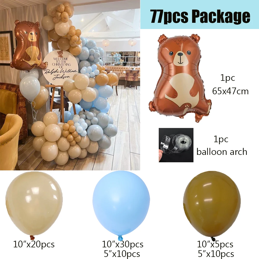 111/77pcs Teddy Brown Bear Balloon Garland Kit for Apricot Blue Balloons Kids Birthday Party Decorations Boy or Girl Baby Shower