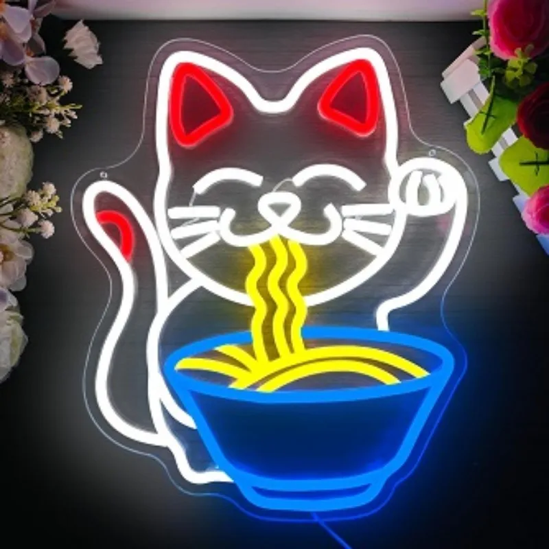 Ramen Cat Neon Signs Noodles Shop Wall Decoration Business Store Led Lights Up Sign For Restaurant Food Shop Lamp Dimmable USB