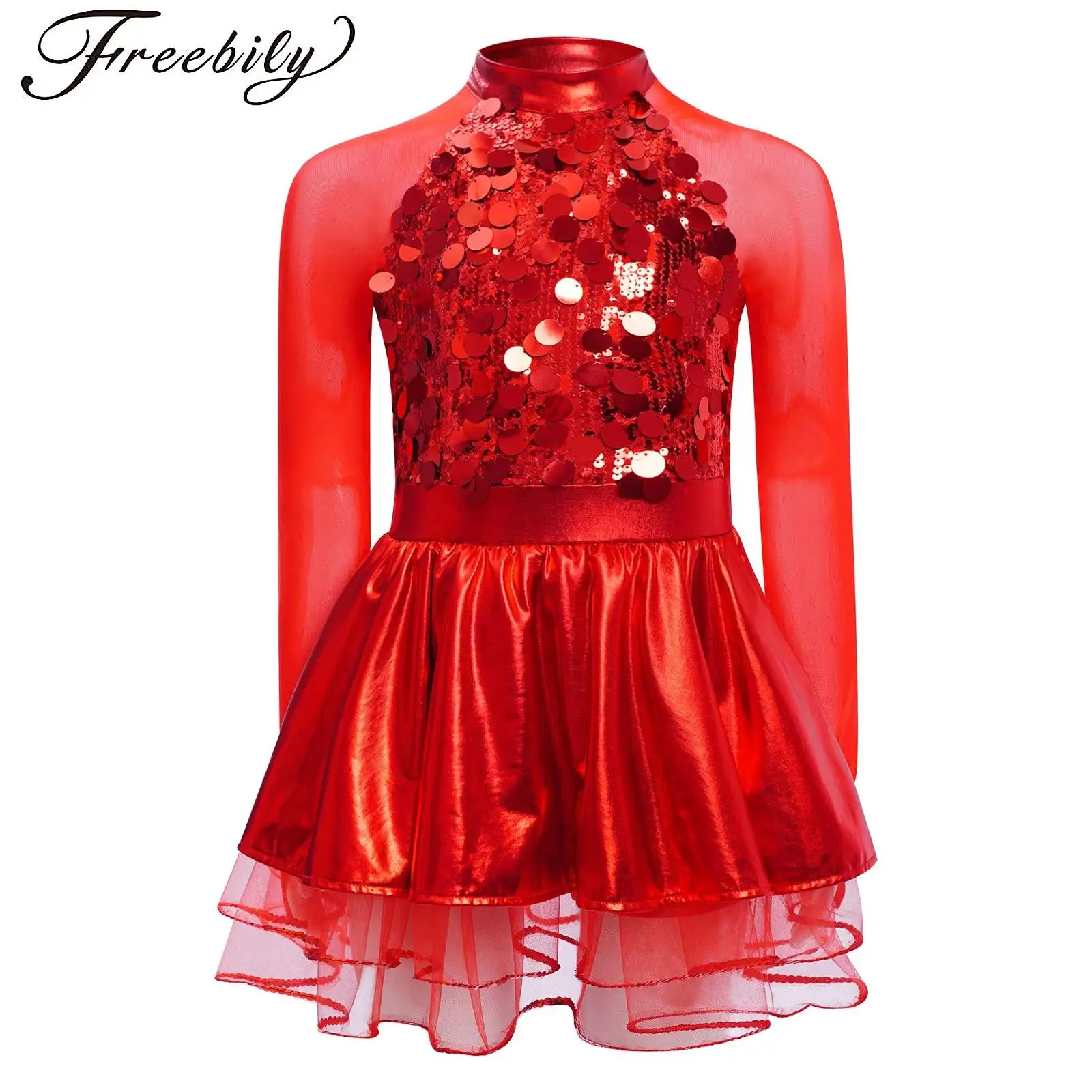 

Girls Sparkling Sequin Metallic Tutu Dress Ballet Dance Costume Long Sleeves Sheer Mesh Lyrical Skating Gymnastics Leotard Dress
