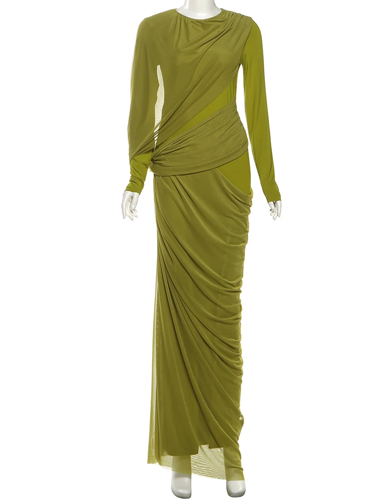 Sisterlinda malha xale vestido feminino sexy moda dupla camada ruched manga cheia o pescoço estiramento magro festa banquete vestidos