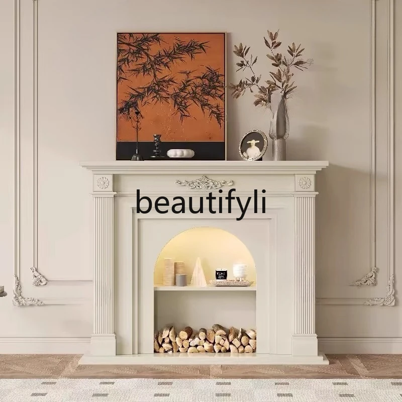 

French cream wind solid wood carving flower fireplace cabinet, American living room fireplace side cabinet