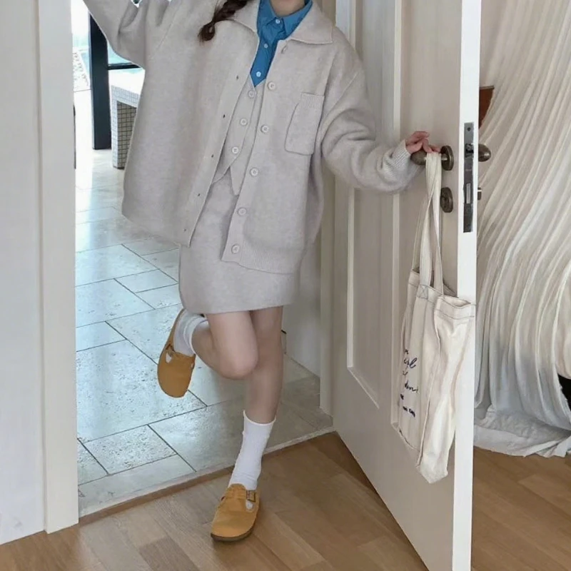 

Winter 2025 Knitted Cardigan New Lapel Top Vest Skirt Three-piece Sweater Girl