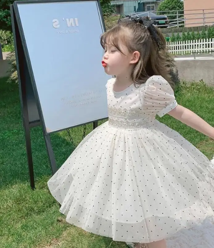 

2022 Fashion Hot Kids Girls Sister White Dot Beautiful Pattern Shirt Short Sleeve Dresses Princess Dress