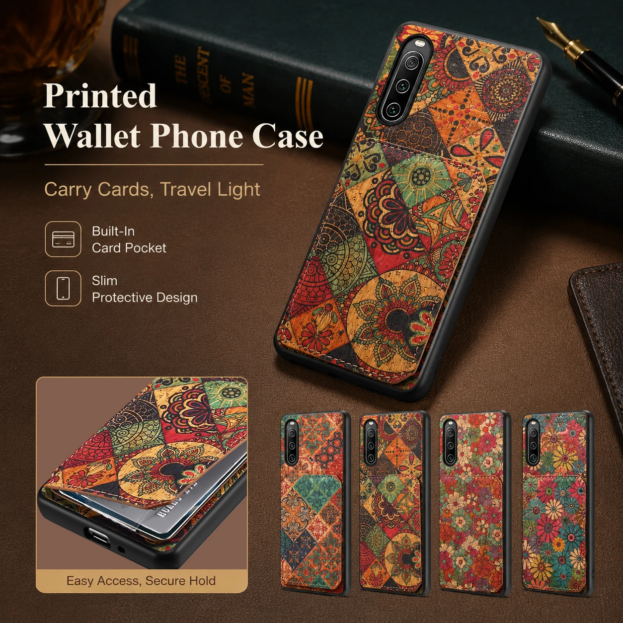 Denior Boho Floral Cork Wood Phone Cover Suitable for Sony Xperia 1 VII With Hidden Card Pocket Foldable Stand Shockproof Case