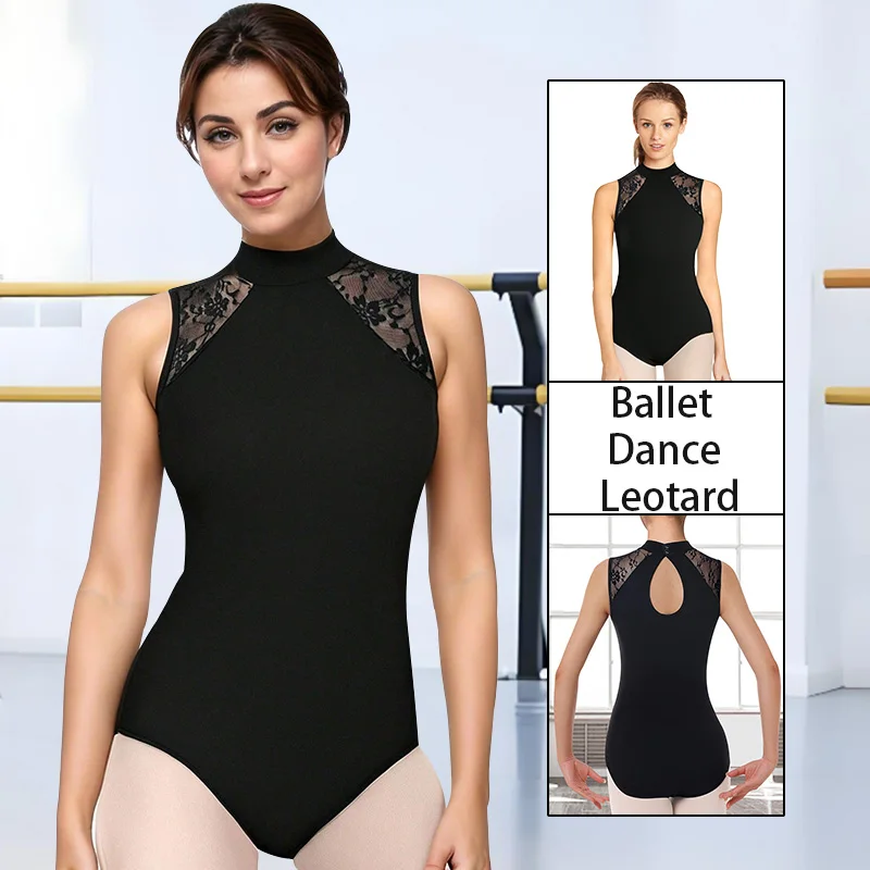 

Flower Lace Team Turtleneck Long Sleeve Ballet Dance Leotard for Adult and girl Gymnastics with Soft Lining Tank Tops Dancewear