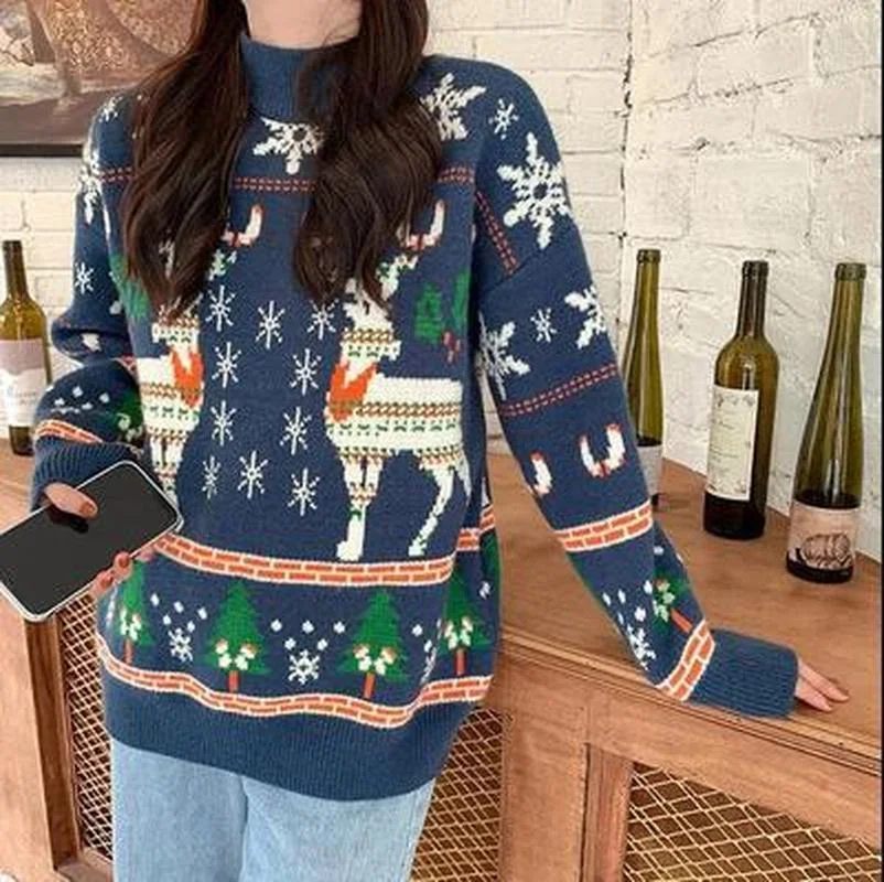 Donna Elk maglioni autunno inverno oversize natale maglione lavorato a maglia donna 2022 rosso verde sciolto top Femme Chandails Pull Hiver
