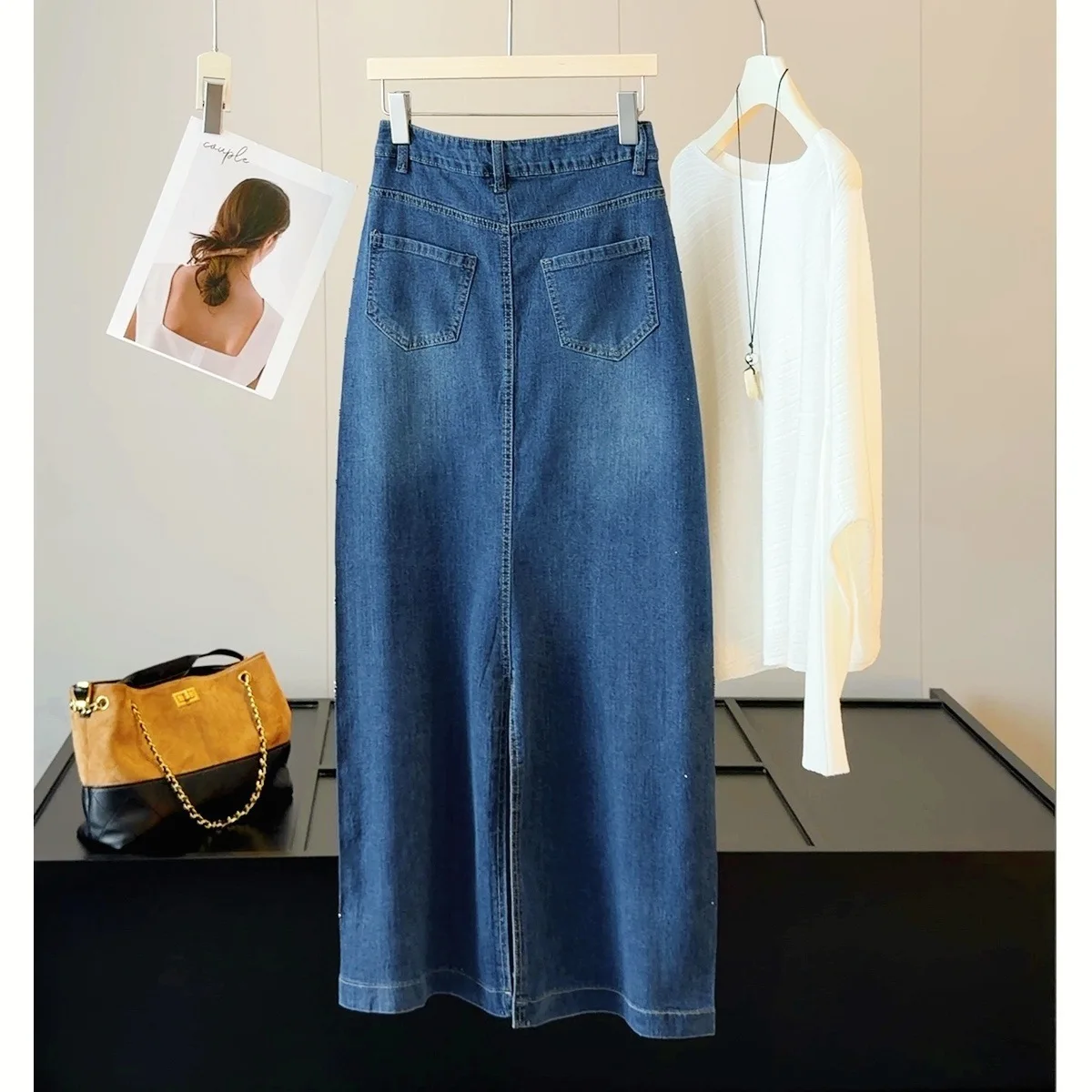 Heavy Duty Rhinestone Denim Asymmetrical High Waist Skirt Women's Autumn Long Skirt Slimming High Waist Wrap around Skirt