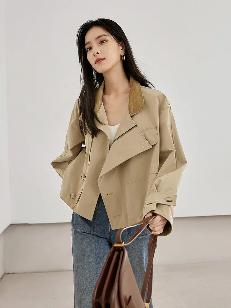 Korea Splices Turn Down Collar Jacket Woman Clothing Loose Long Sleeve Women\'S Spring Jacket Outwear Casual Coats For Women