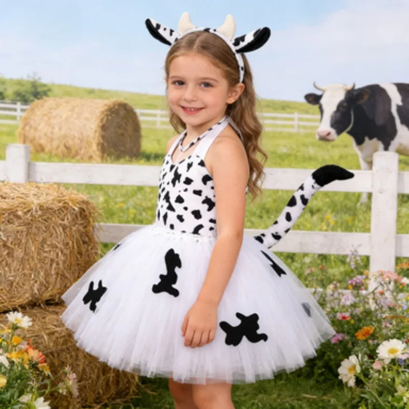Kids' Animal Themed Dresses, Girls' Performance Clothes with Cute Cow & Tiger Prints, Children's Party Dresses, Halloween Outfit