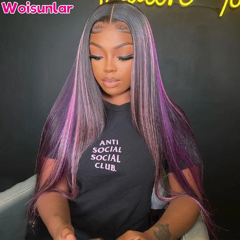 Highlight Black and purple Front Lace wig human hair 13X4 13x6Transparent Lace Straight Human Hair For Women Human Hair Wig 100%