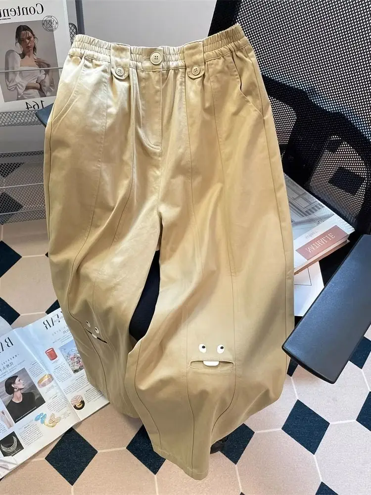 

plus Size Cartoon Wide Leg Pants Women's Casual Straight Cut Summer High Waist Workwear Long Trousers Breathable Comfortable