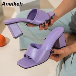 Aneikeh 2024 New Women Slipper Summer Outdoor Sandal Mules Square High Heel Slip On Flip Flop Elegant Women Slides Sandals