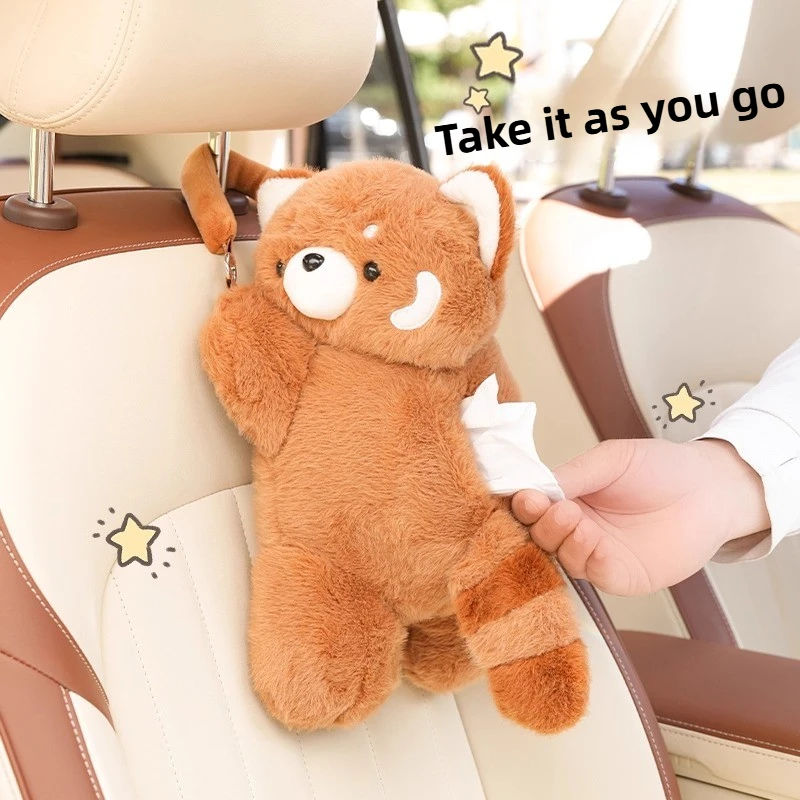 صندوق مناديل السيارة المعلق - تصميم دمية الراكون اللطيفة من القطيفة، حقيبة مناديل متعددة الوظائف لمقعد السيارة الخلفي