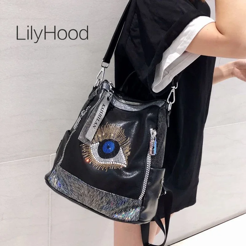 2026 Women Vegan Leather Stylish Shiny Rhinestone Evil Eye Big Capacity Backpack Gothic Casual Travel Work Laptop Daily Bagpack