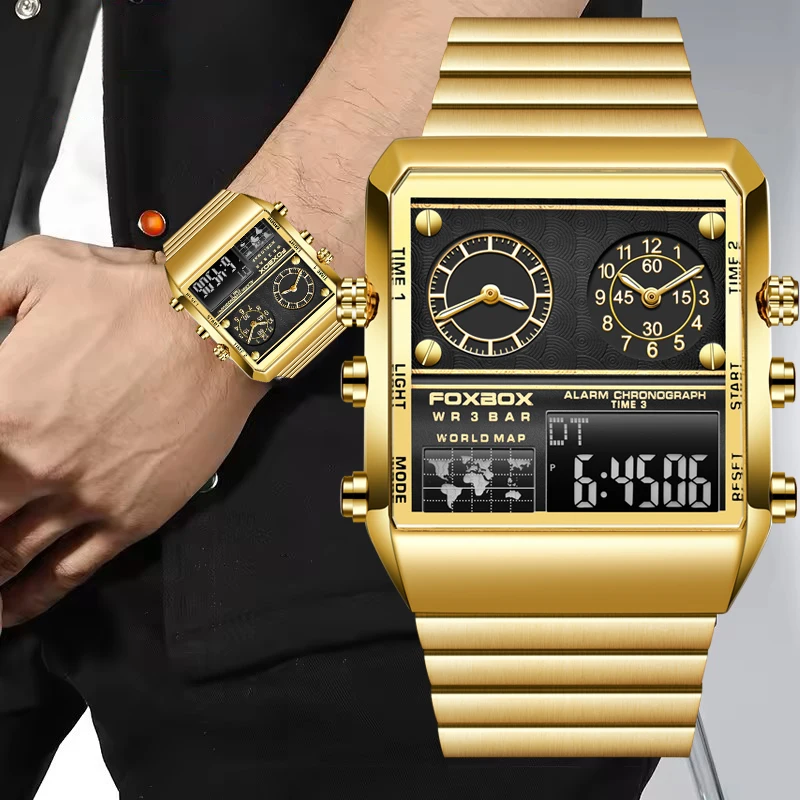 

FOXBOX новые мужские часы золотые квадратные светящиеся водонепроницаемые часы из нержавеющей стали для мужчин модные военные спортивные кварцевые наручные часы