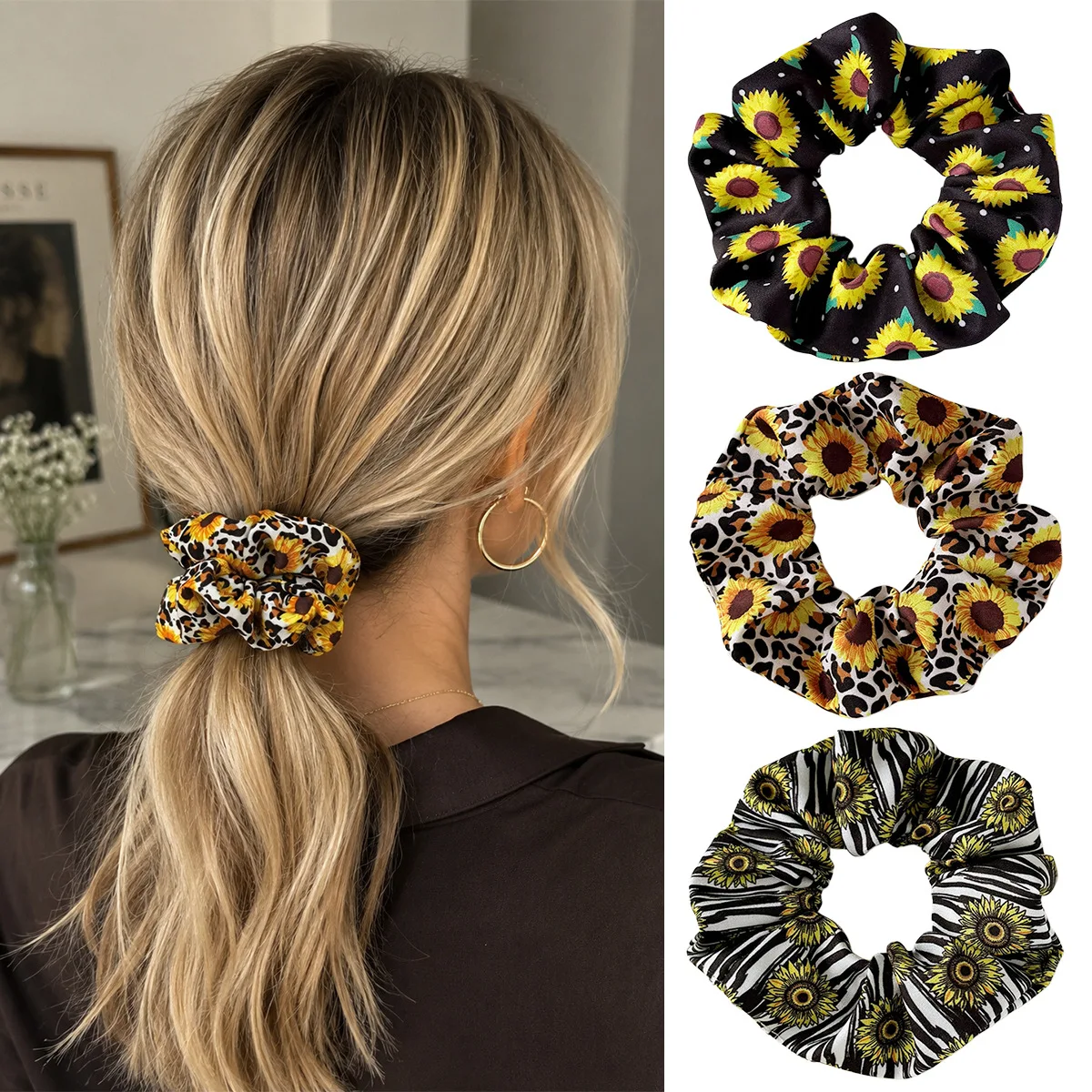 Sunflower Leopard & Polka Dot Soft Elastic Hair Scrunchies, Gentle Hold Daily Hair Tie Accessories, Lightweight Portable Styling Pieces Suitable for Summer Beach Vacations, Weekend Short Road Trips, Casual Daily Outings and Various Seasonal Social Gatheri