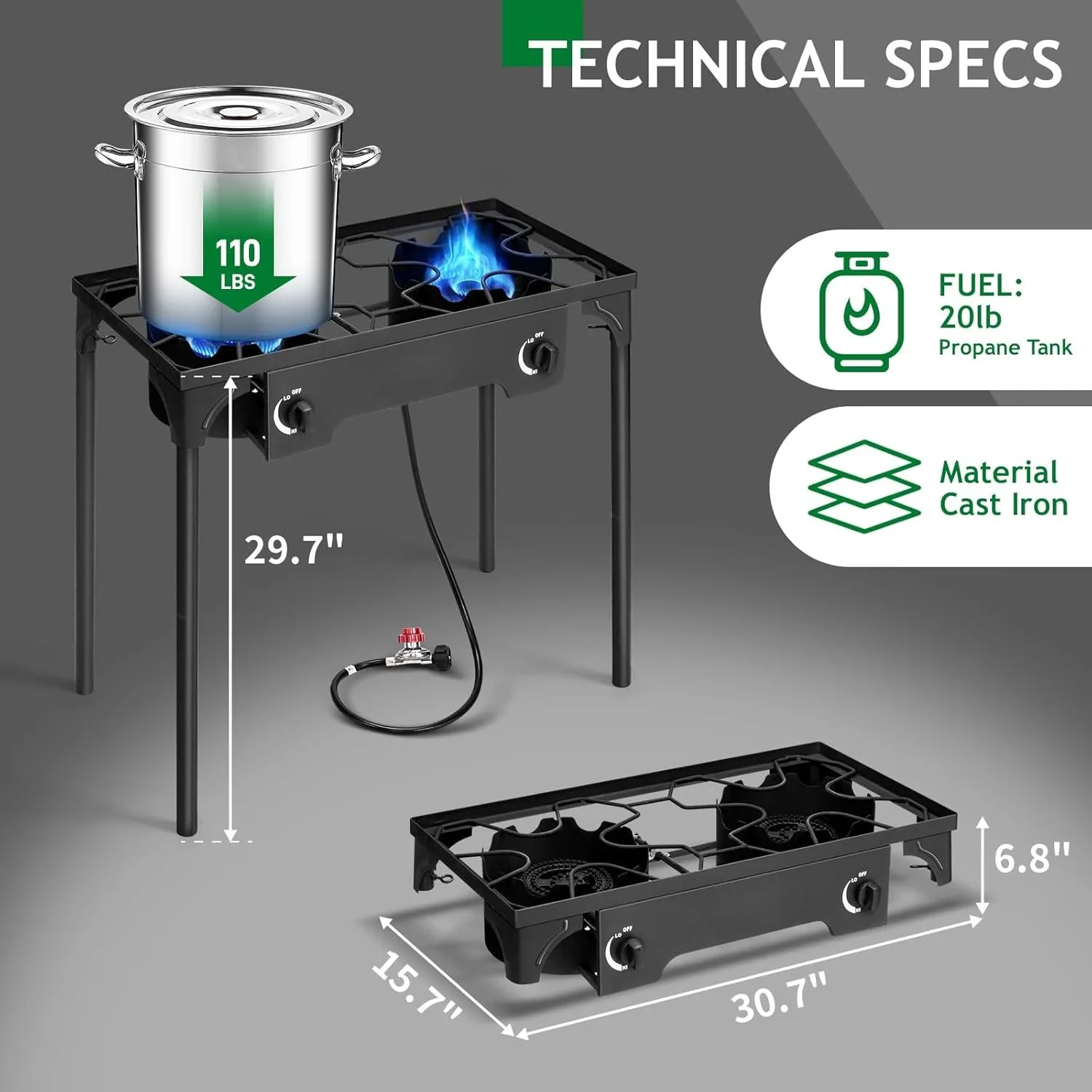 2 Burner Propane Gas Stove for Outdoor Cooking, 150,000 BTU Camping Cooker with Removable Legs, Temperature Control Knobs