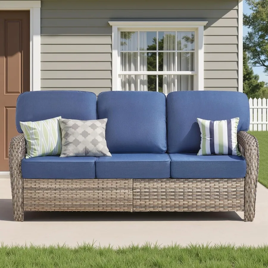 

75'' Patio Couch Outdoor Wicker Sofa Heavy Duty AllWeather Rattan 3Seater Sofa with Deep Seating and Removable Cover Outdoor Pa