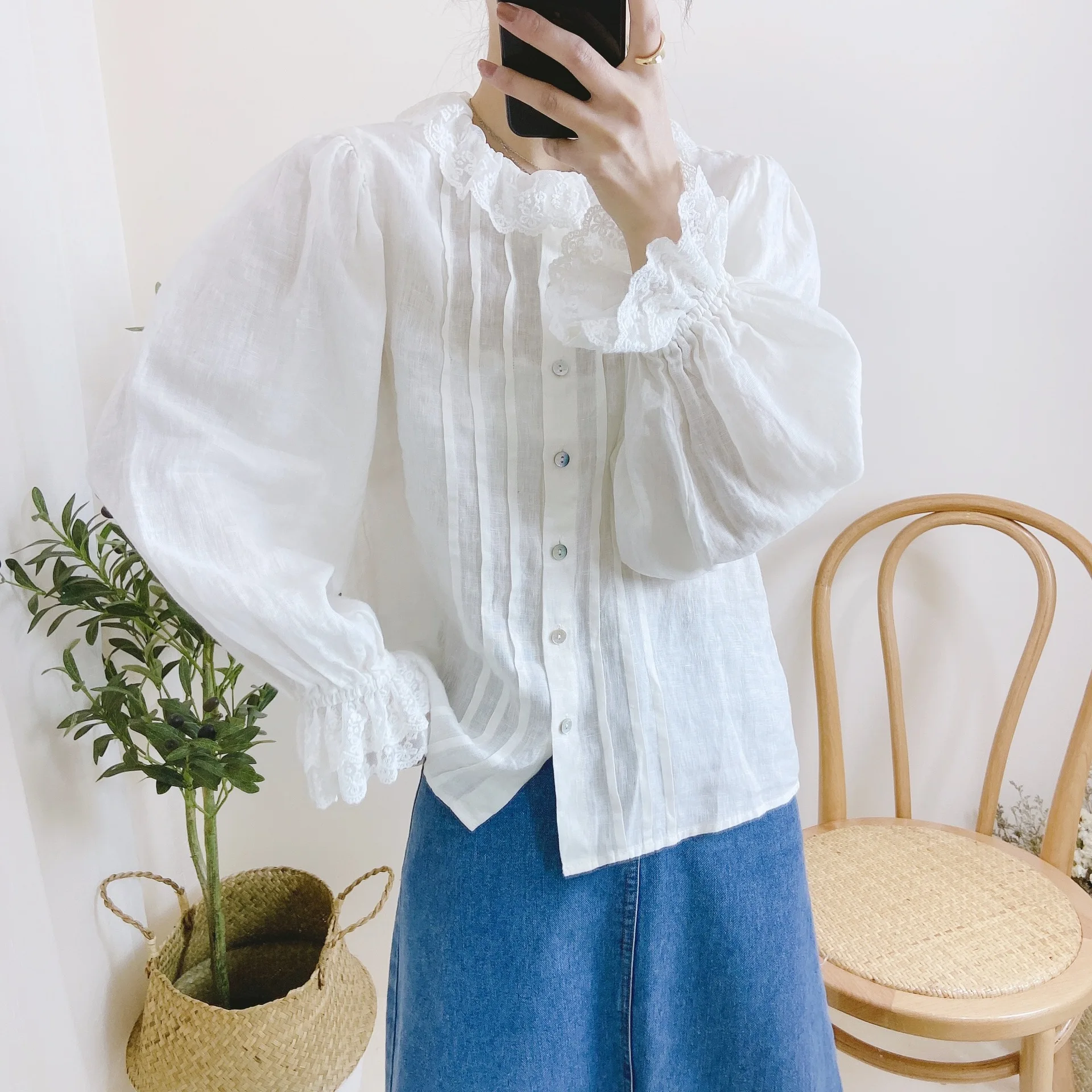 Johnature Korean Women Clothing New Lace Ruffles Collar Tops 2024 Spring White Linen Solid Color Female Shirts