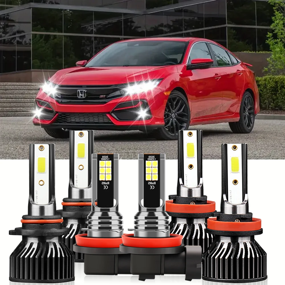 6x Combo For Honda Civic 2014-2021 Accord CR-V HR-V Odyssey Pilot Car Led Headlights 6000K Fog Bulbs 18000LM Auto Headlamps 100W