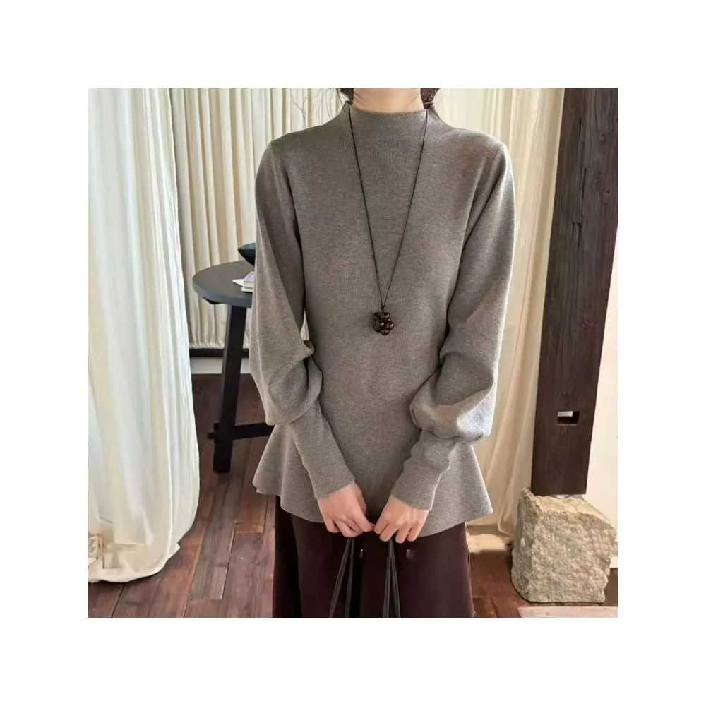

Half Turtleneck Lantern Sleeve Sweater Knitted Sweater Women's Autumn and Winter Purple Waist Lazy Temperament Top
