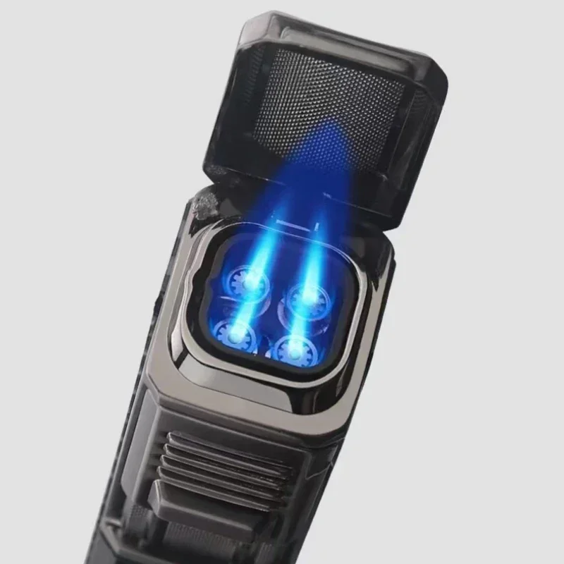 Metal Blue Flame Four Direct Spray Lighter Multi functional Portable Cigar Holder Inflatable Lighter Special Transparent Oil Bin