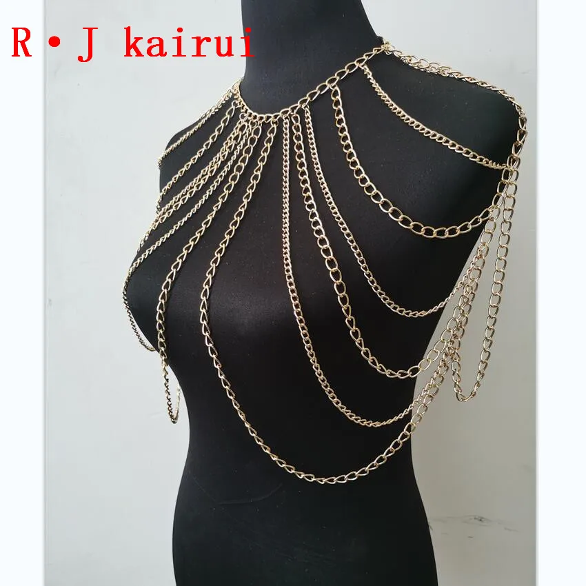 New RJBY2202 Gold Chains Neck Shoulder Chains Body Jewelry Unique Top Costume Jewelry 2 Colors