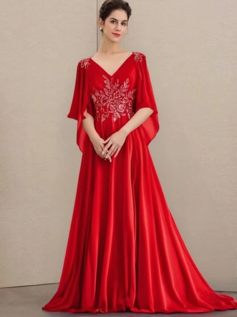 

Lace Chiffon Mother of The Bride Dresses with Slit Sequin Beaded Formal Dresses V Neck Evening Gown with Cape Sleeve