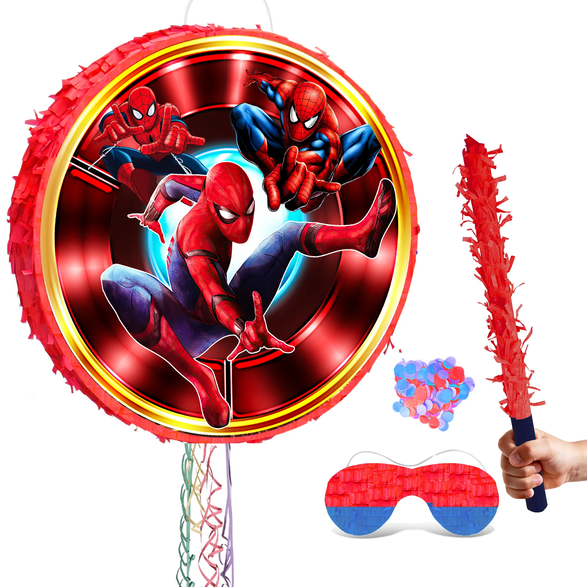 Juego de 4 Piñatas Redondas de Spiderman - Juego de Fiesta de Spiderman, Antifaz, Piñata de Spiderman, Palos para Piñata de Spiderman, etc. - Suministros para Juegos de Piñata de Spiderman