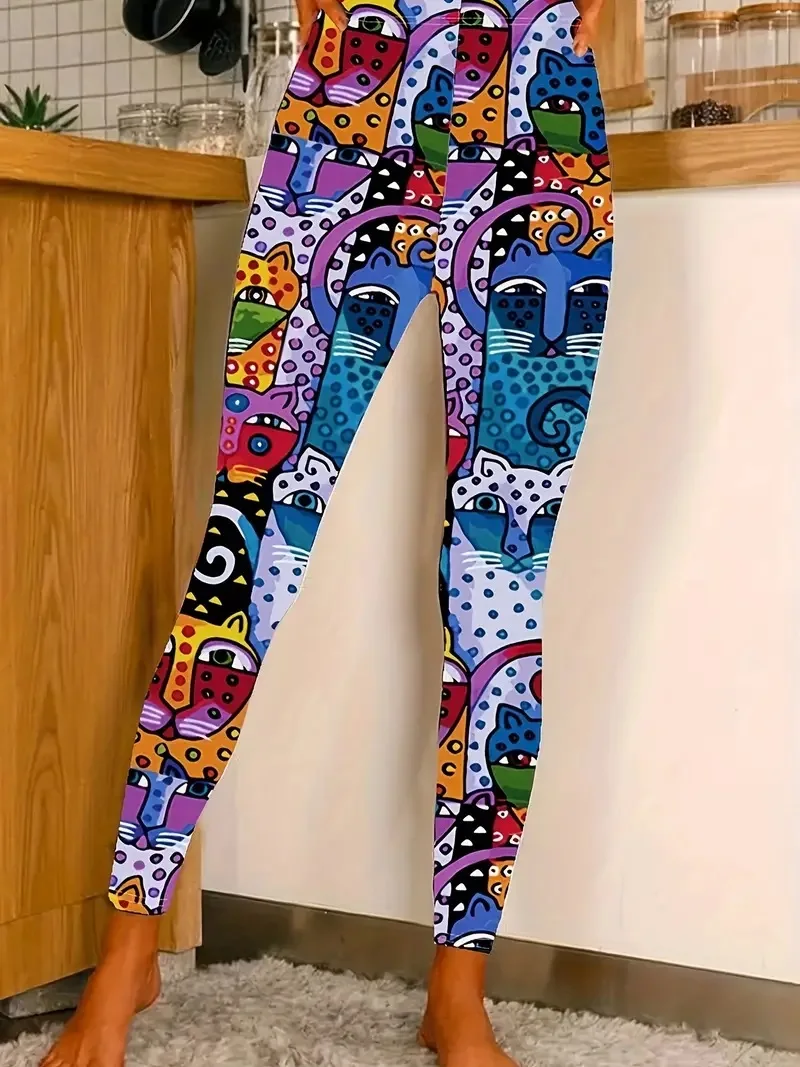 Art Kitten Print slim-fit elastic waist leggings for women traveling everyday wear