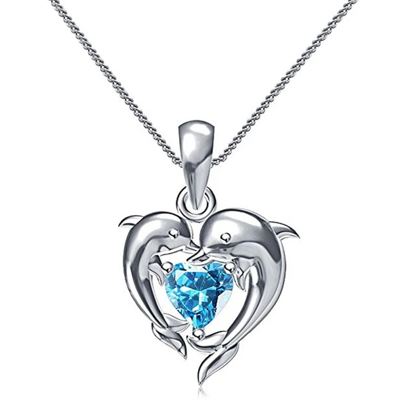 CAOSHI Exquisite Dolphin Pendant Necklace for Women Silver Color Blue Crystal Jewelry with Heart Shape Design Elegant Lady Gift