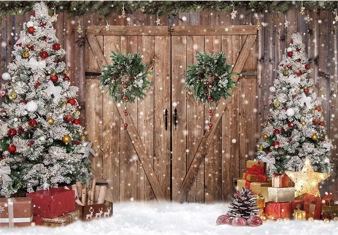 Winter Christmas Rustic Barn Wood Door Photography Backdrop Tree Snow Gifts Decor Background Banner Decoration for Family Party