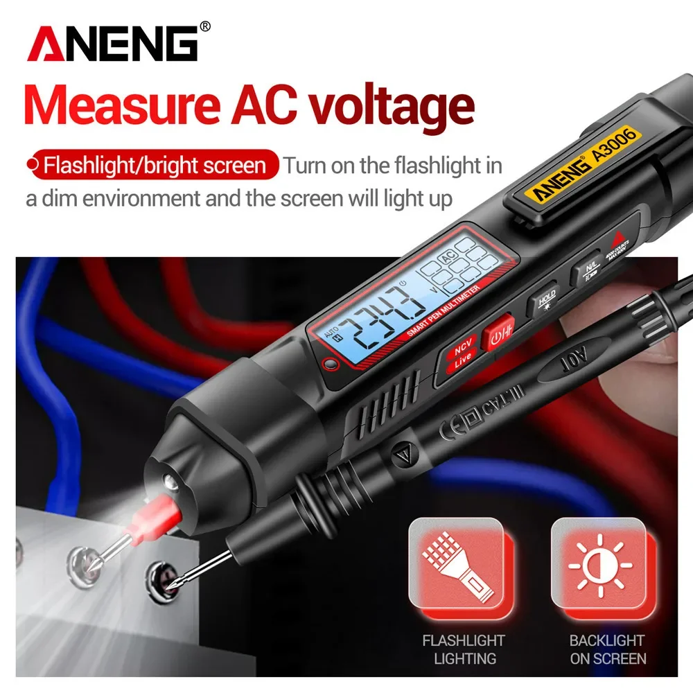 ANENG A3006 Pen Multimeter Mini Digital 4000 Counts Professional AC/DC Voltage Ohm Diode Capacitance Resistance NCV Test Tools