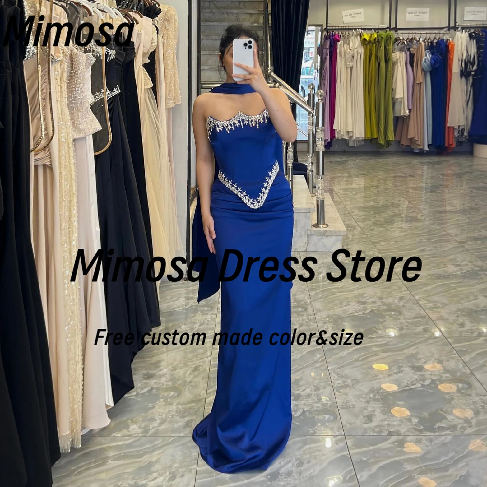 

Mimosa Royal Blue Prom Dresses Bespoke Bead Strapless Vestidos Des Fiesta Long Sheath Evening Party Dress with Shawl Customized