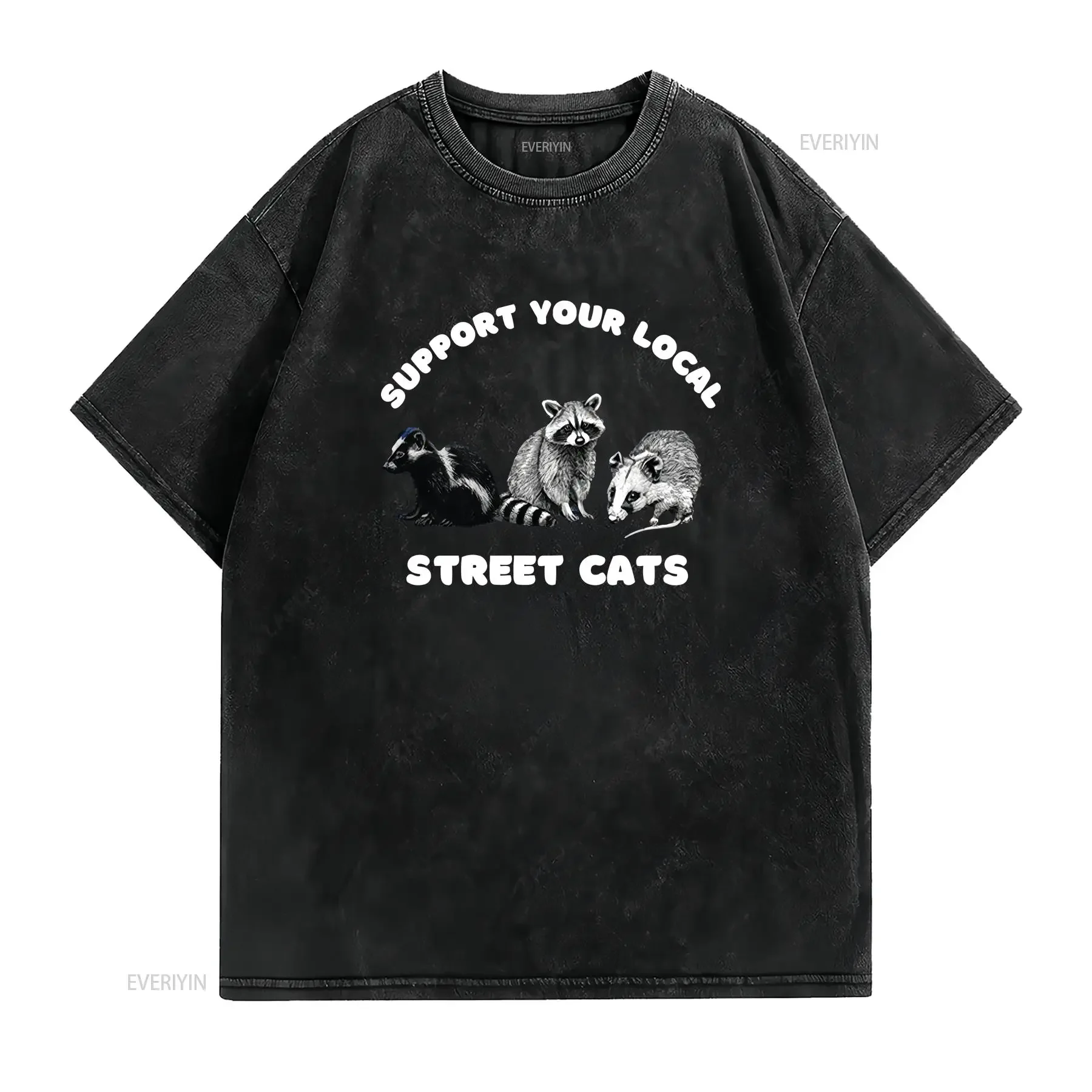 Support Your Local Street Cats T Shirt Funny Raccoon Skunk Opossum Premium Crewneck vintage Washed Stretched Unisex homme view 2