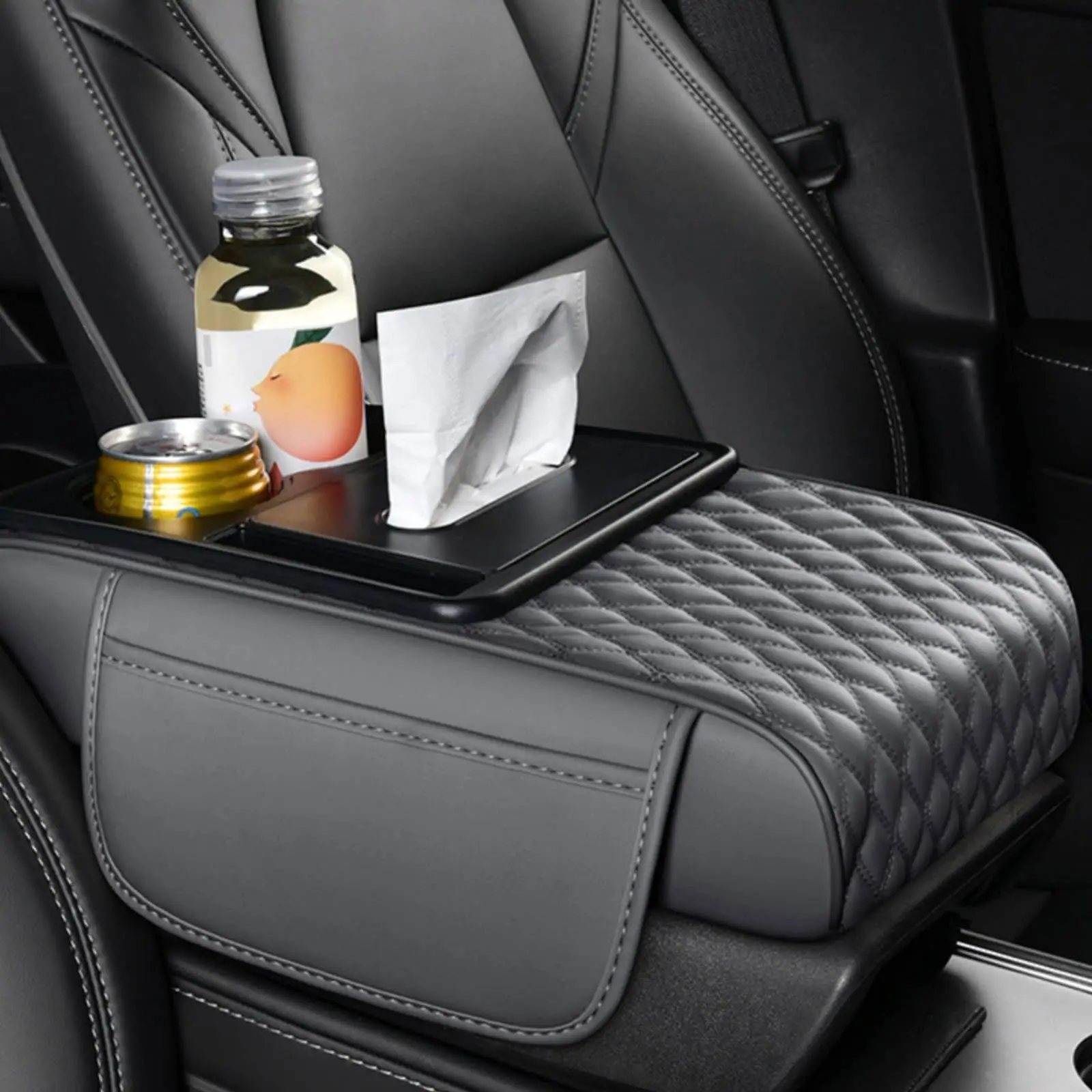 Multi-Functional Car Armrest Cushion, 5-in-1 Height-Adjustable Console Pad with Cup & Tissue Storage