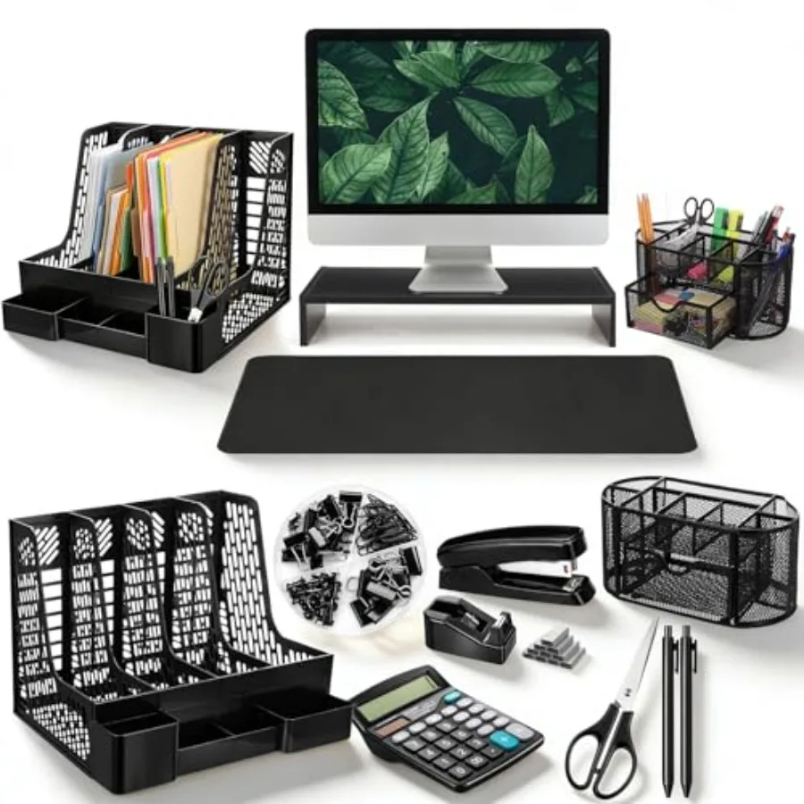 12 Pcs 12-in-1 Office Desk Organizer Accessories Set with Desk Pad Protector Computer Riser File Organizer Pen Holder Calculato