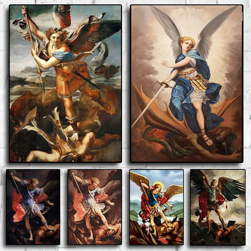 Vintage The Holy Archangel Michael Posters Print Devil Classic Canvas Painting Wall Art Religious Angel Pictures Room Home Decor