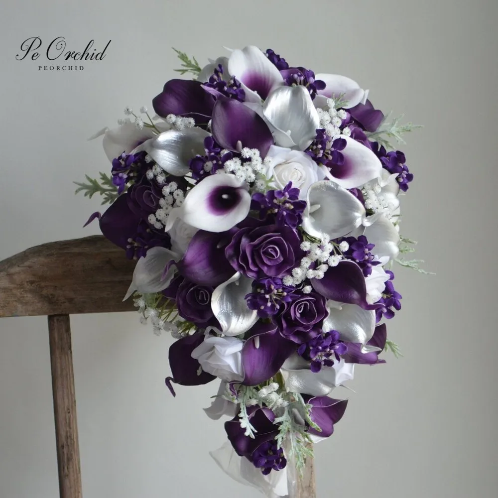 

PEORCHID Silver Purple Flower Wedding Cascading Bridal Bouquet Real Touch Calla Lily Rose Bruidsboeket Waterval Handmade Bouquet