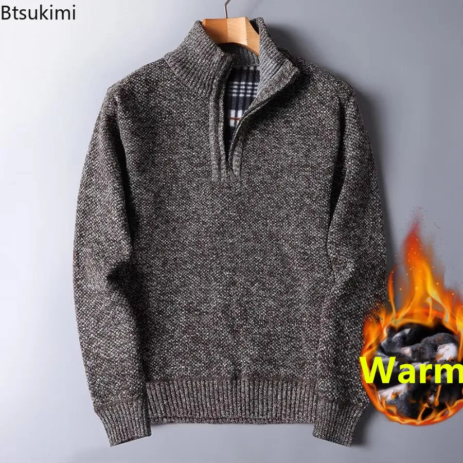 New 2025 Men's Winter Thicken Plush Knitted Sweaters Fashion Stand Collar Half Zipper Warm Pullover Male Business Casual Sweater