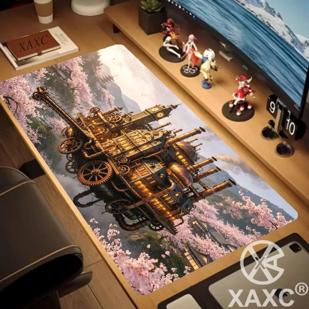 This steampunk-style mouse pad features a stunning floating city design with gears, airships and industrial charm while the XAXC