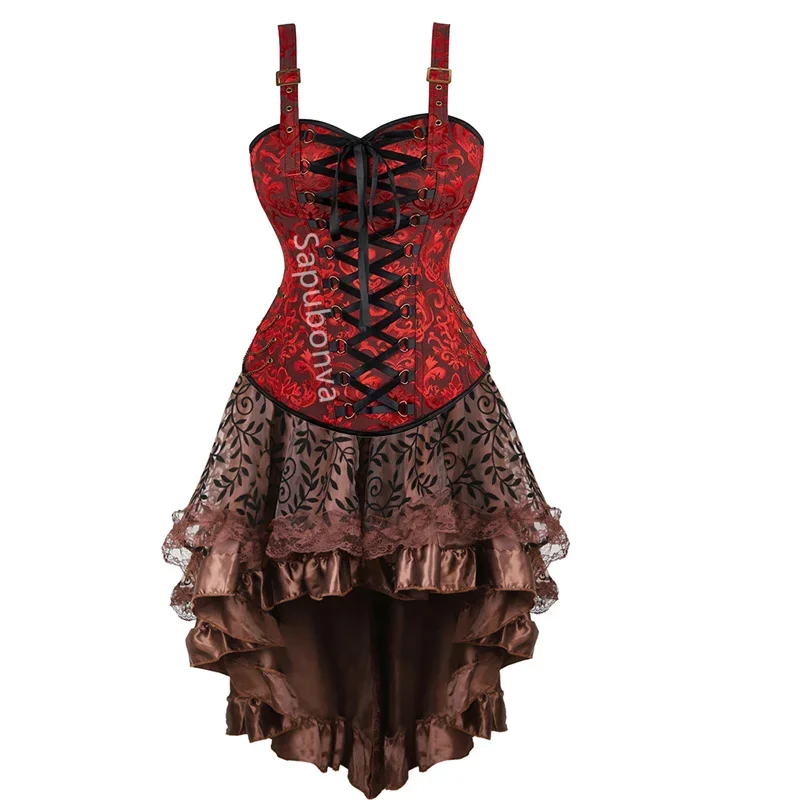 Sapubonva Brown Corset Dress Set Plus Size Sexy Overbust Bustier Top Skirt Pirate Steampunk Victorian Burlesque Gothic Exotic