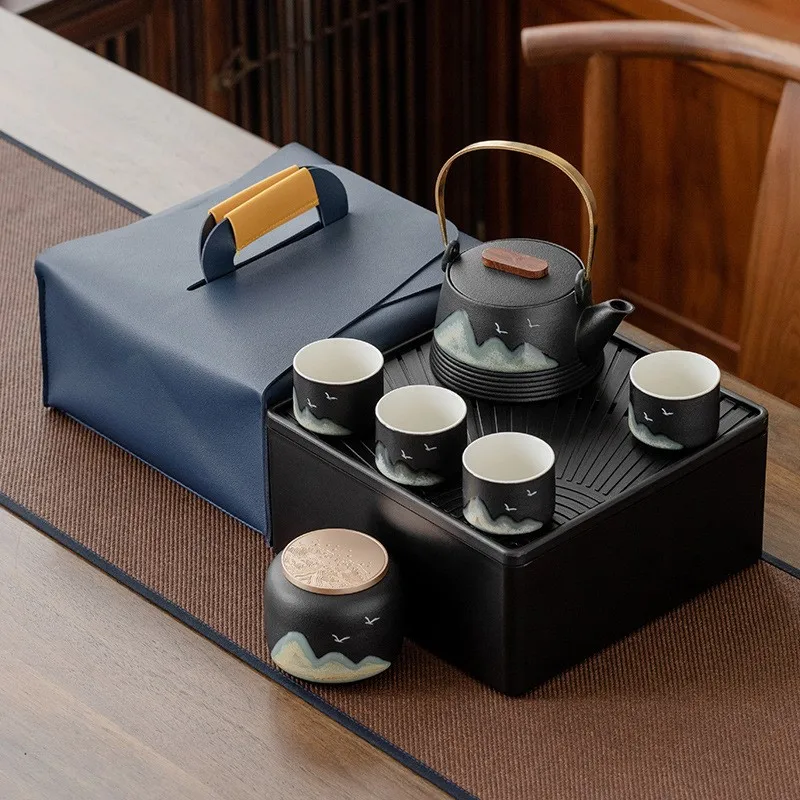 

Travel tea set Portable with tray outdoor One pot four cups ceramic office