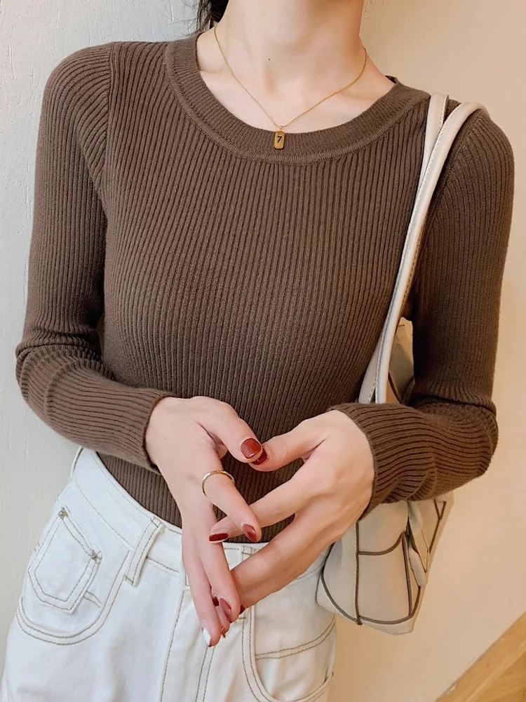 

Women's Long Sleeved Crew Neck Knitted Sweater Autumn Winter Thin Slim Fit Casual Basic Pullover Sweater Short Solid Color Tops