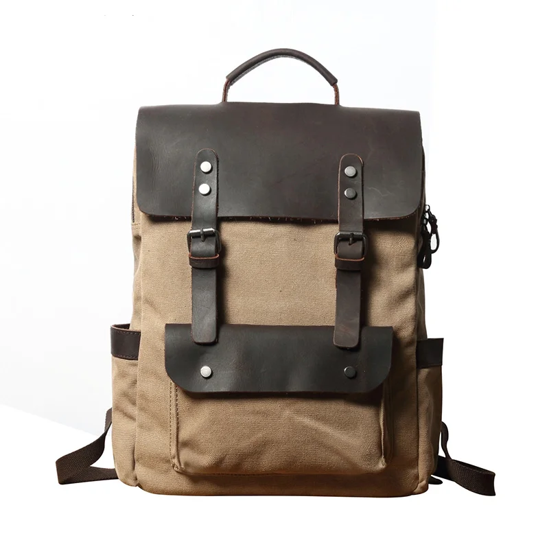 

Винтажный холщовый рюкзак с настраиваемым логотипом, унисекс, сумка для книг в студенческом стиле, хлопковая парусиновая сумка с отделкой из натуральной кожи