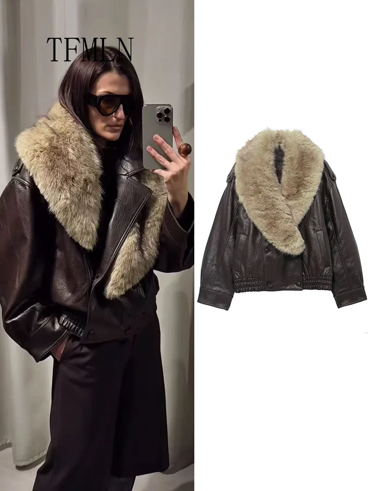 

TFMLN Winter Women Collar Detachable Faux Leather Jacket High Street Double Breasted Loose Coat Chic Causal Long Sleeve Outwear