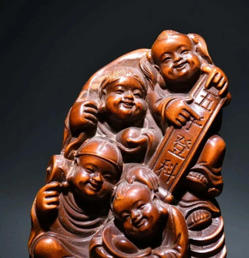 Archaize seiko Hand-carved boxwood recruit wealth five child household decoration crafts statue