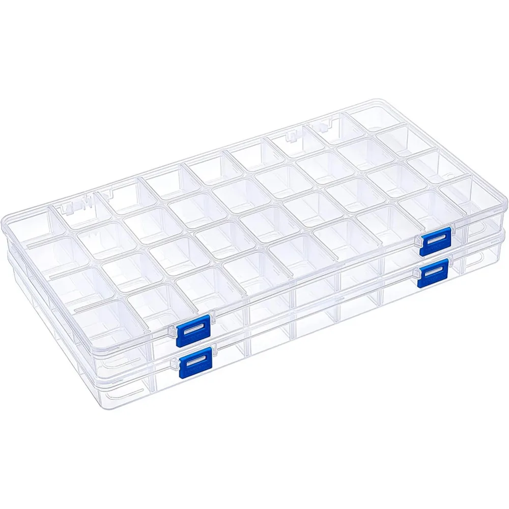 2 pcs 36 Grids 14.3x8x1.18 Inch Large Transparent Plastic Compartment Box Grid Bead Organizers with Adjustable Dividers